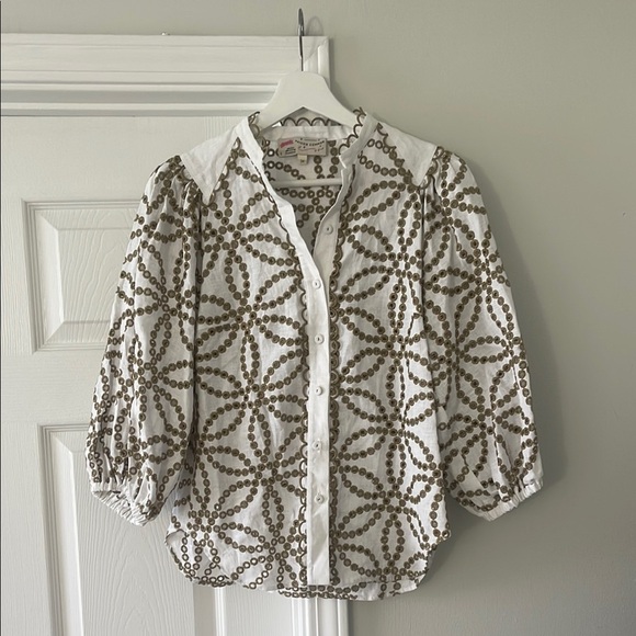 NEW Maison Common Eyelet Embroidered Linen Puff Sleeve Blouse Luxury - Picture 2 of 5